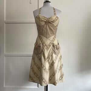 Vintage Halter Sun Dress Geometric Print Pockets Cotton Pinup Fit & Flare 50s XS